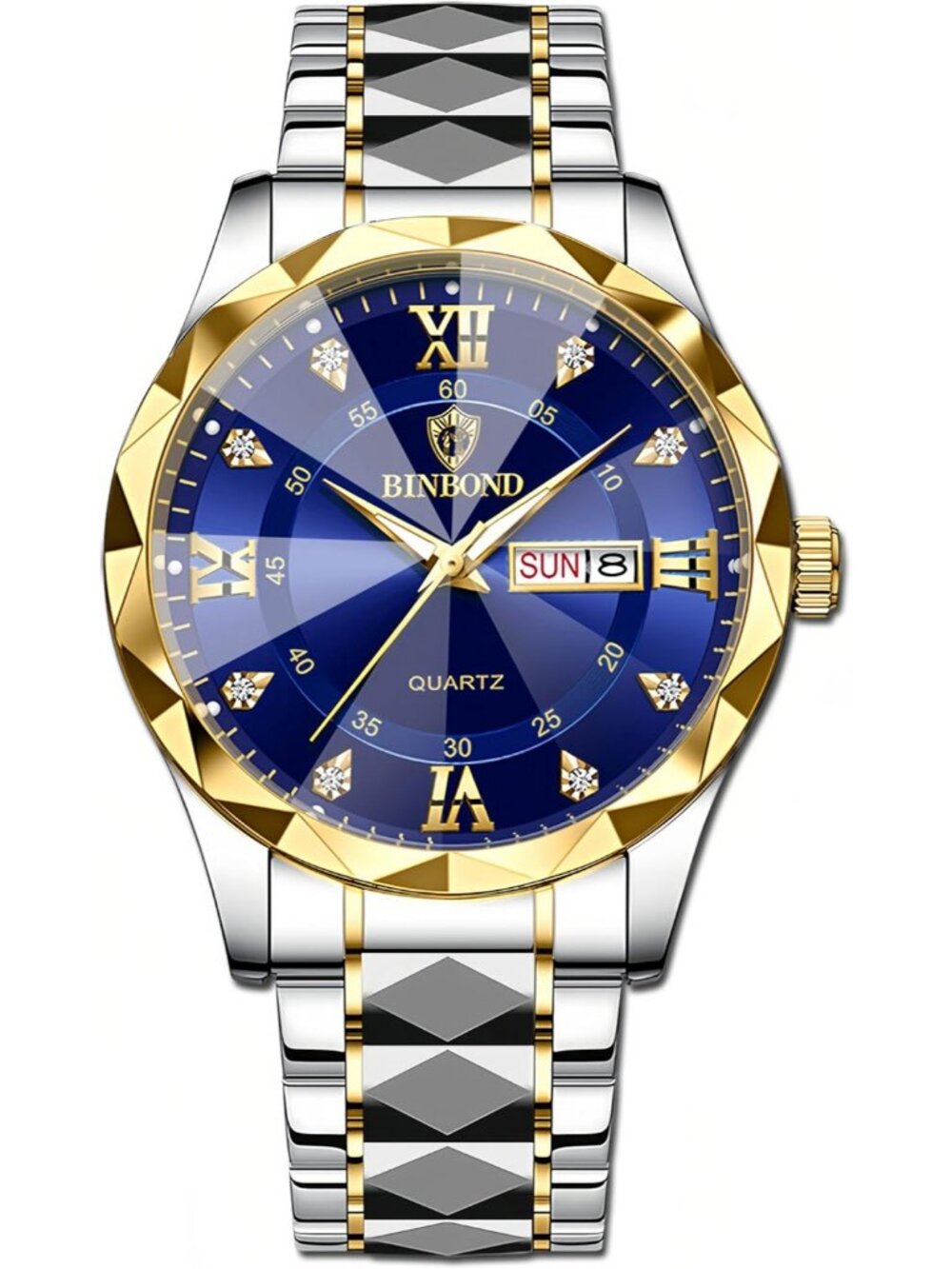 Men's Silver And Blue Analog Stainless Steel Roman Numeral Diamond Luxury Watch